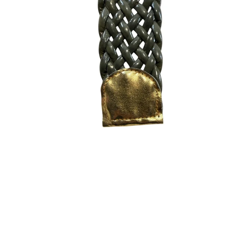Olive Green Glossy Braided Belt Gold Buckle Wide‎ Stretch Resort Chic Boho 38IN